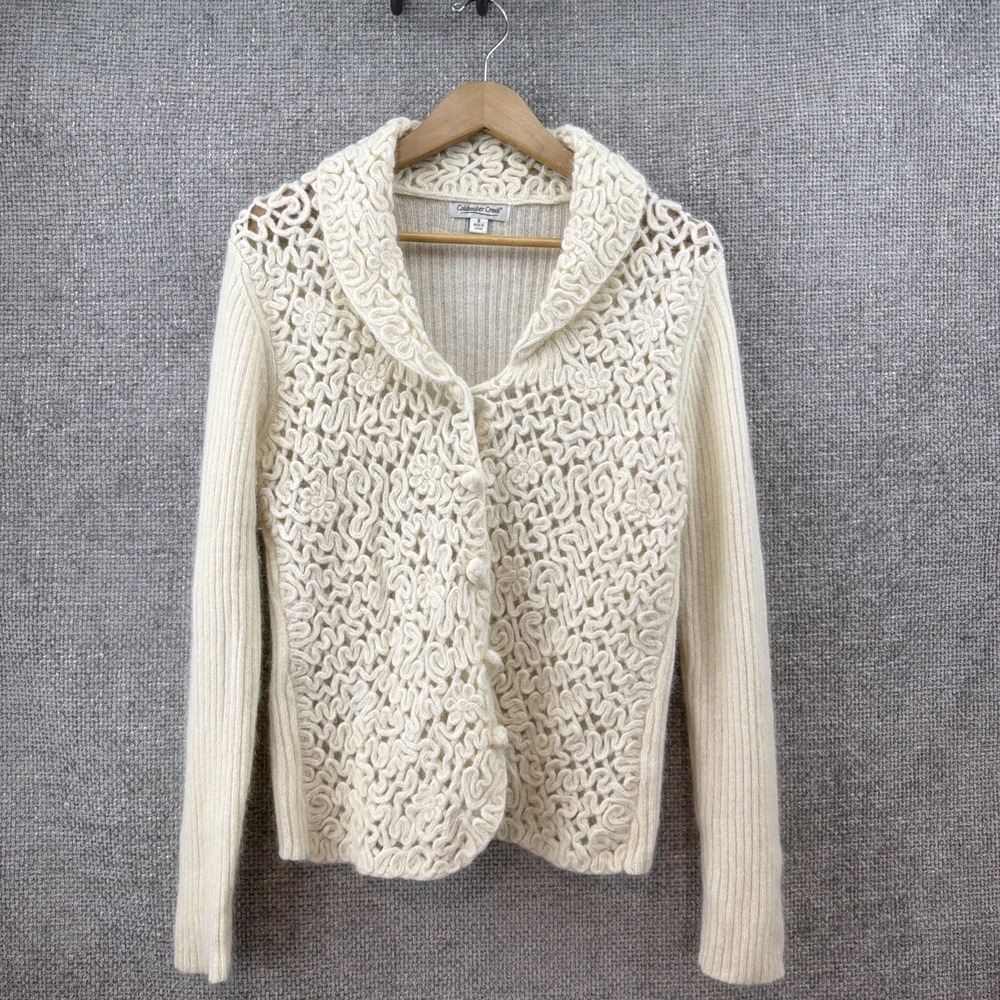 Coldwater Creek Ivory Wool Angora Crochet Floral Cardigan Sweater Japan Small